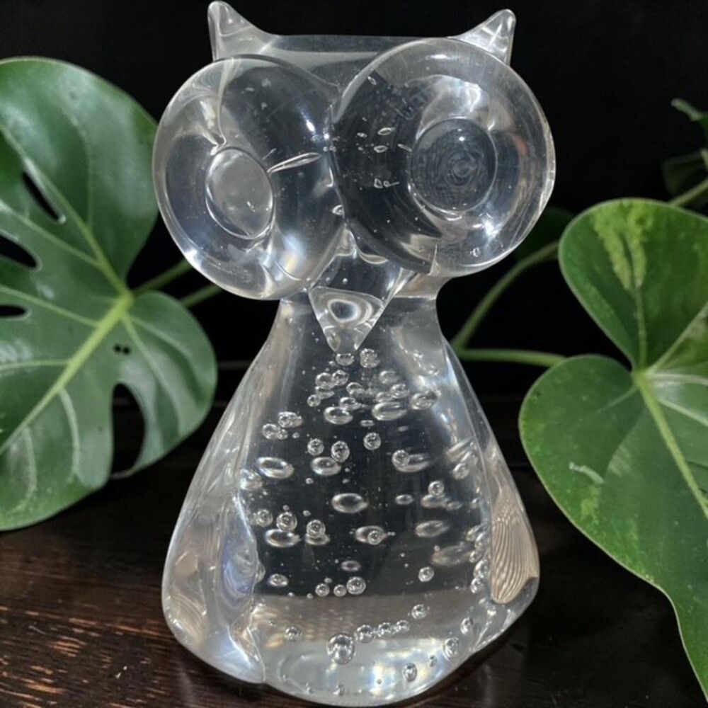 vintage mid-century modern (MCM) hand-blown art glass owl paperweight figurine